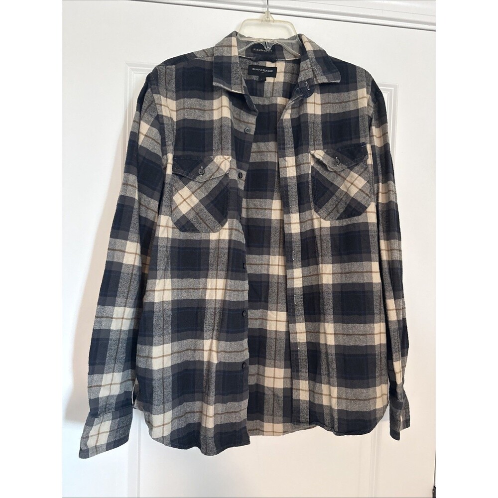 Banana Republic Shirt Mens MEDIUM Gray Blue Button Up Checked Reg Fit Flannel